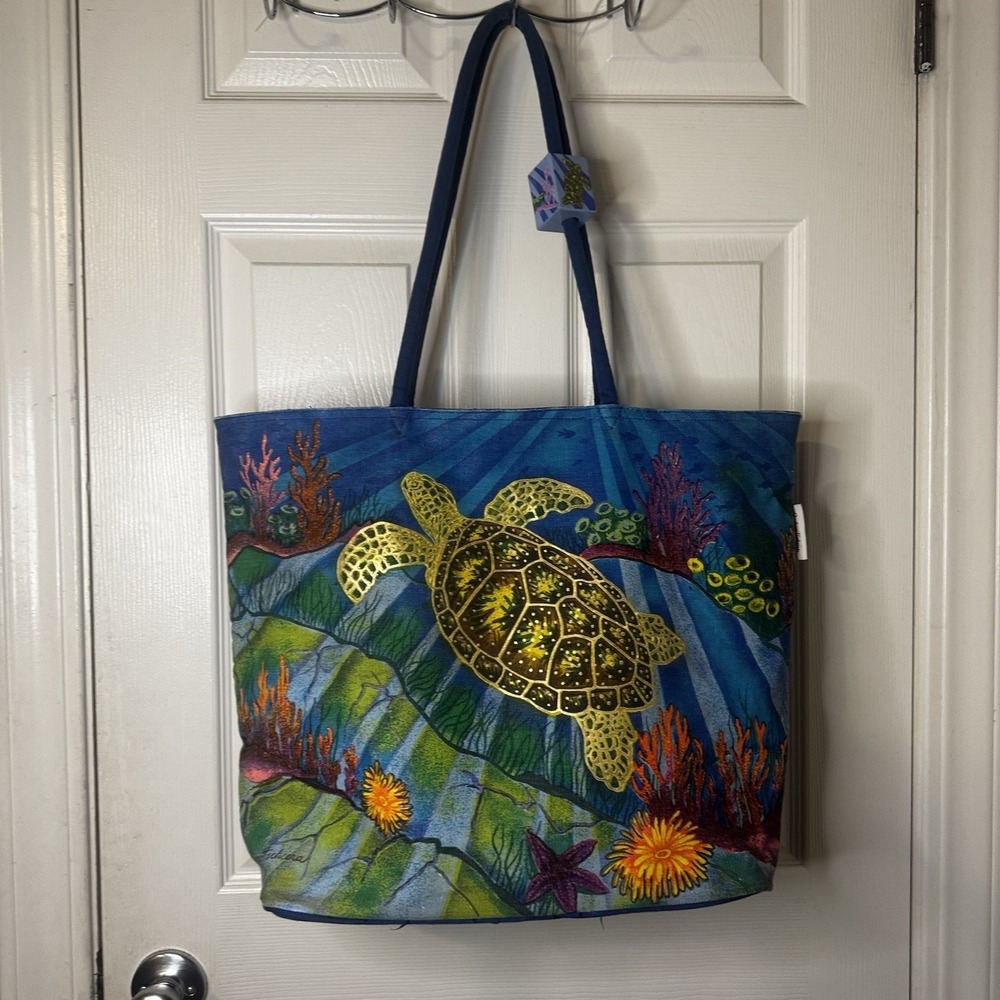 Andrea Tachiera Sea Turtle Canvas Beach Tote Large Zip Coastal Ocean Art Blue